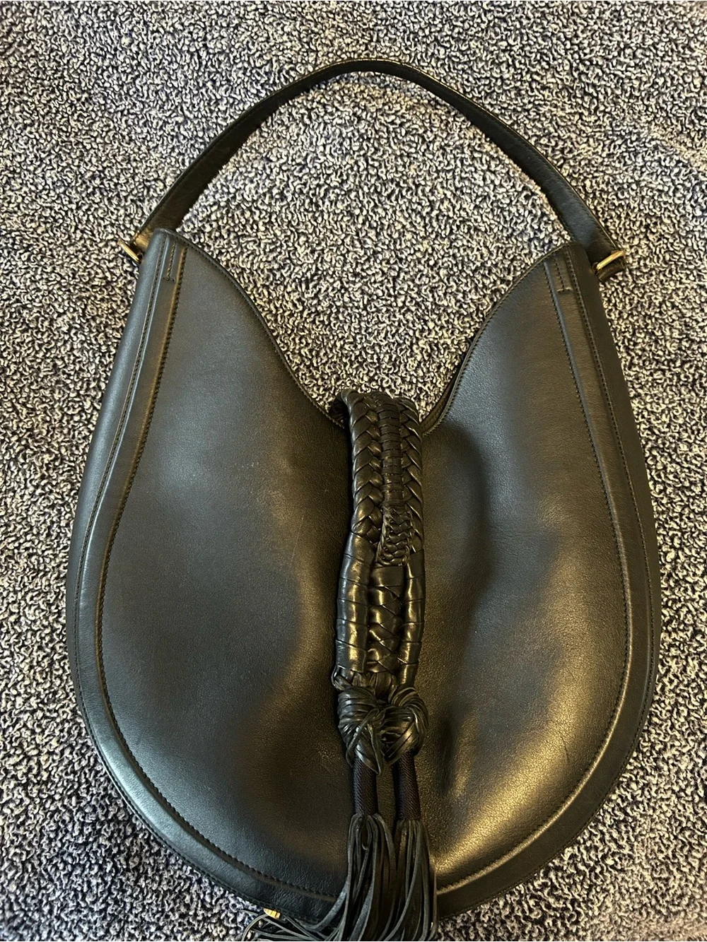 Altuzarra Luxury Classic Black Leather Hobo Bag with Braided Tassel